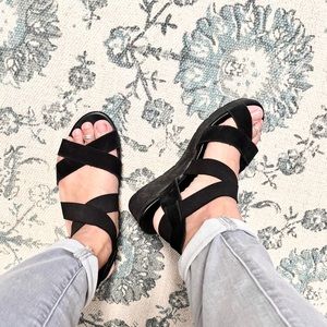 Arche Leather Black Strappy Wedge Sandals